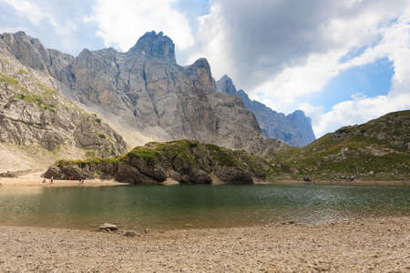 Alpine lake on italian Alps, dolomite, trekkingの写真素材