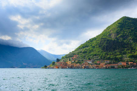 Lake panorama from "Monte Isola", Italy. Italian landscape. Island on lakeの写真素材