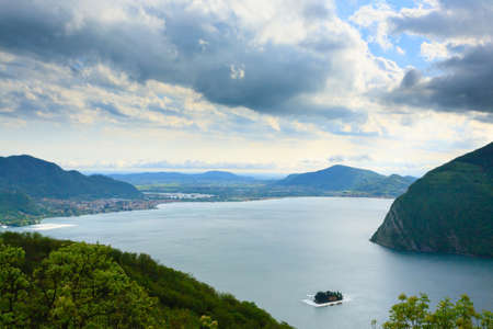 Lake panorama from "Monte Isola", Italy. Italian landscape. Island on lakeの写真素材