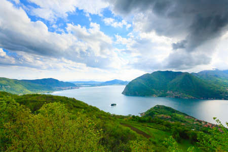 Lake panorama from "Monte Isola", Italy. Italian landscape. Island on lakeの写真素材