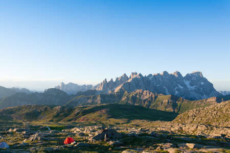 Italian mountain panorama at dawn. "Pale di San Martino" peaks. Sport and outdoorの写真素材