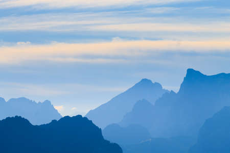 Italian mountain panorama at dawn. Pale di San Martino peaks. Sport and outdoor