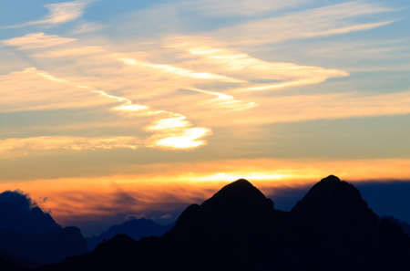Italian mountain panorama at dawn. "Pale di San Martino" peaks. Sport and outdoorの写真素材