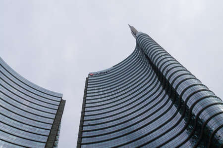 MILAN, ITALY-OCTOBER 09, 2016: Financial district view. Modern skyscrapers in Gae Aulenti square. Unicredit bank towerのeditorial素材