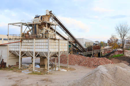 Stone quarry with silos and conveyor belts. Industrial equipment. Miningの写真素材
