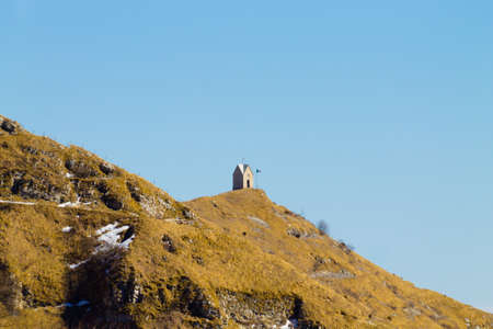 Little church on top of a peak. Italian alps. Look out churchの写真素材