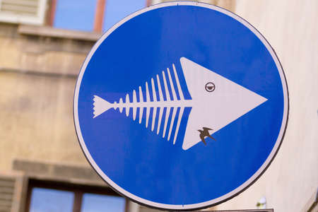 Road sign that looks like a fish, street art, metropolitan artの写真素材