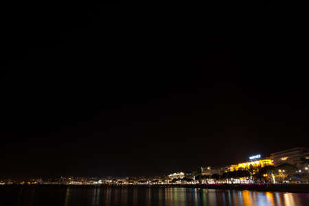 Cannes beach night view, France. Famous town in south of France. Promenade de la Croisetteのeditorial素材