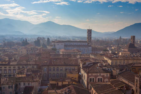 Lucca from Guinigi Tower. Italian landmark. Aerial view of Lucca.の写真素材