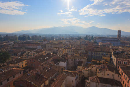 Lucca from Guinigi Tower. Italian landmark. Aerial view of Lucca.の写真素材