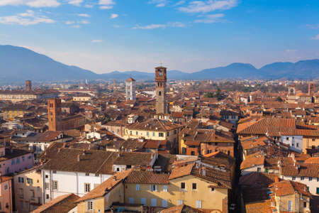Lucca from Guinigi Tower. Italian landmark. Aerial view of Lucca.の写真素材