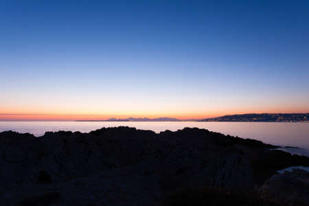 Sunset from Cap d'Antibes, France. Cannes coastline view. Beautiful french landscapeの写真素材