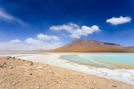 Laguna Verde landscape,Bolivia.Beautiful bolivian panorama.Green lagoon and Licancabur volcanoの写真素材