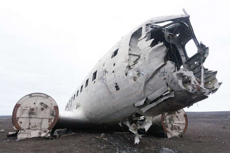 Solheimasandur plane wreck view. South Iceland landmark. Abandoned plane on beachの写真素材