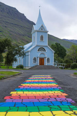 Seydisfjordur city church close up, Iceland landmark. Icelandic landscapeの写真素材