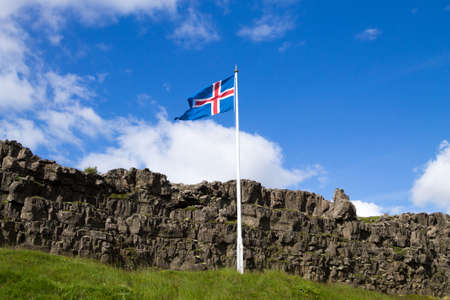 Iceland flag that waves in wind, Icelandic flag view.の写真素材