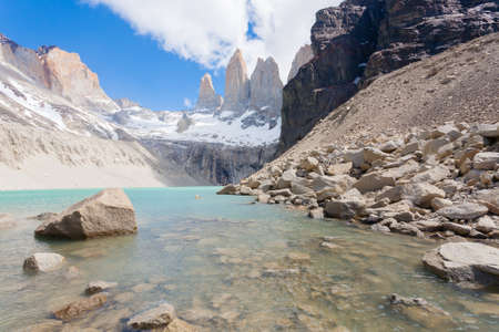 Torres del Paine peaks view, Chile.  Base Las Torres viewpoint. Chilean Patagonia landscape.の写真素材