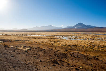 Chilean landscape, lagoon and Licancabur volcano. Chile panoramaの写真素材