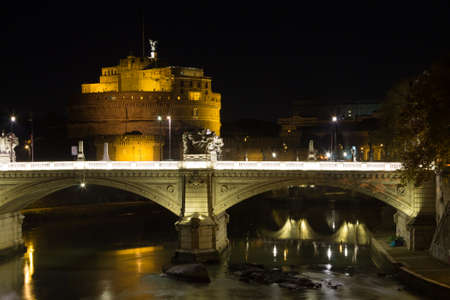 Night scene of Rome, Tevere river and Mausoleum of Hadrian. Italian landmarkの写真素材