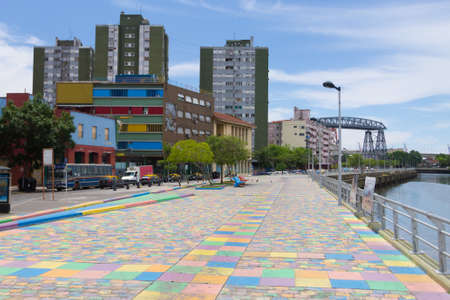 La Boca neighborhood view with few people, Buenos Aires. Painted riverwalk
