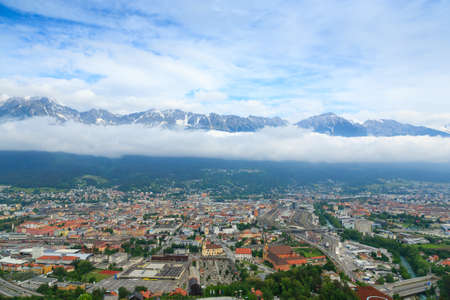 Innsbruck aerial view with alps in background. Innsbruck from the top. Austria landmark