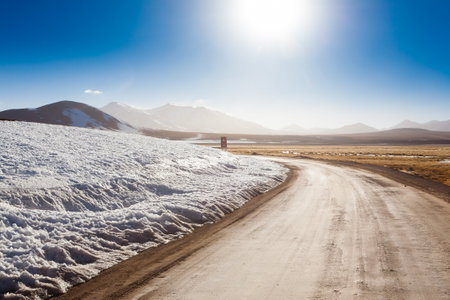Chilean landscape, dirt road and Licancabur volcano. Chile panoramaの写真素材