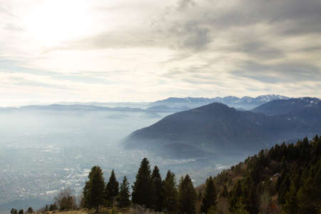 Sky with clouds over foggy plain. Sky background