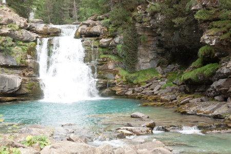 Soaso waterfall view, Ordesa valley, Spain. Ordesa monte Perdido national park. Pyrenees landmark.の写真素材
