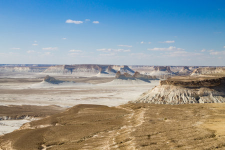 Bozzhira valley aerial view, Mangystau region, Kazakhstan. Beautiful central asia landmarkの写真素材
