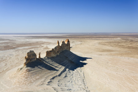 Stunning Mangystau landscape, Kazakhstan. Ak Orpa pinnacles aerial view, Bozzhira valley. Central...
