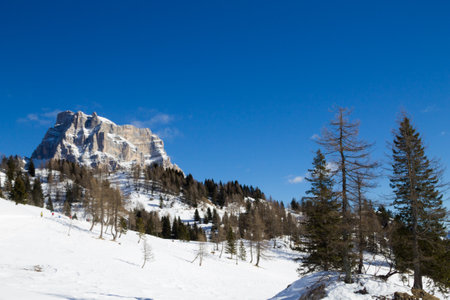 Pelmo mount view in Alleghe area, Italian alps. Winter panoramaの写真素材