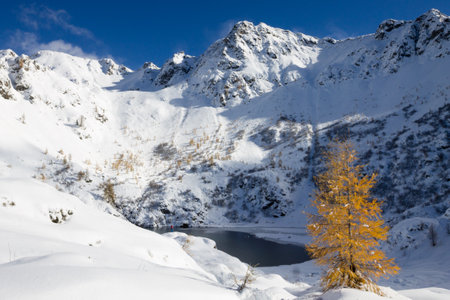 Beautiful small alpine lake in winter season landscape. Erdemolo lake