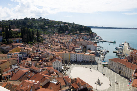 Piran main square aerial view, Slovenia. Istria landmarkの写真素材