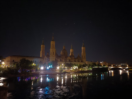 Saragossa city night view, Spain. Cathedral Basilica of Our Lady of the Pillar, Zaragozaの写真素材