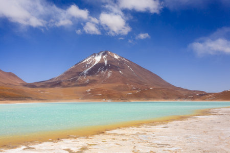 Laguna Verde landscape,Bolivia.Beautiful bolivian panorama.Green lagoon and Licancabur volcanoの写真素材