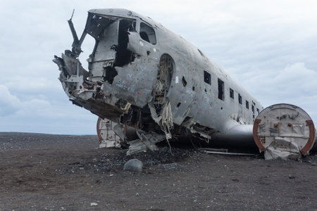 Solheimasandur plane wreck view. South Iceland landmark. Abandoned plane on beachの写真素材