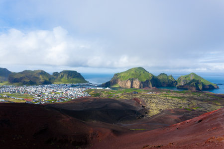 Heimaey town aerial view from Eldfell volcano. Iceland landscape. Westman Islandsの写真素材