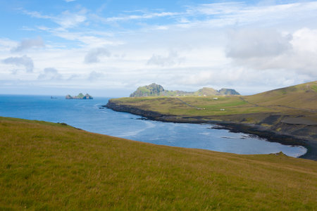Westman Islands beach view with archipelago island in the background. Iceland landscape.Vestmannaeyjarの写真素材