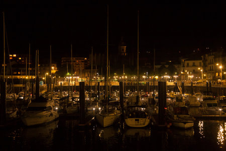 Lekeitio town night view from pier. Basque autonomous community, Spain.の写真素材
