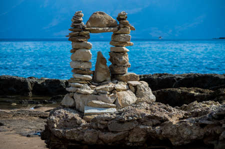 Sculptures modelled using stones and rocks in Crete, Greece の写真素材