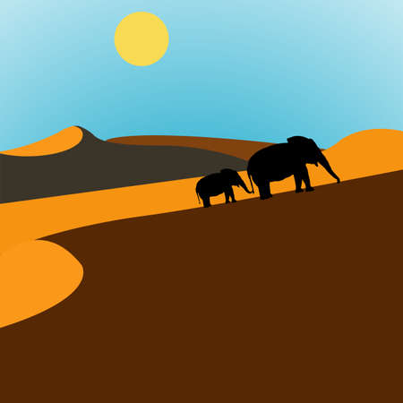 Illustration of elephants walking through the desert at sunriseの写真素材