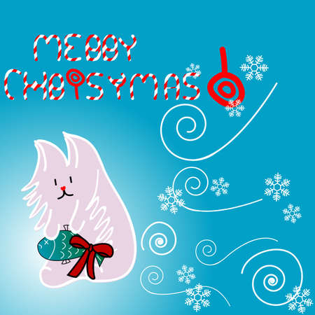 Cute kitty illustration for Christmas with candies on a blue backgroundの写真素材