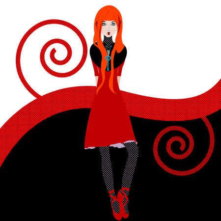 Redhead girl illustration in red, black and whiteの写真素材