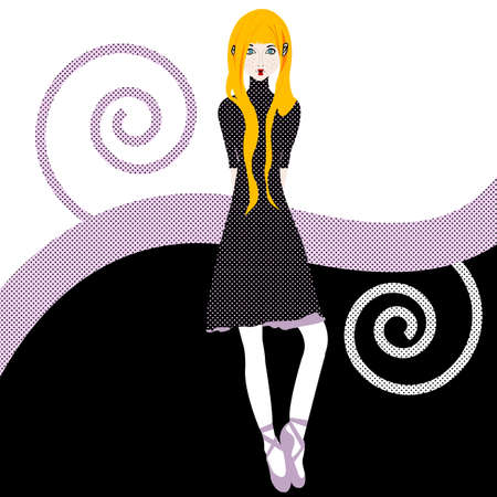 Blonde girl illustration in yellow, pink, black and whiteの写真素材