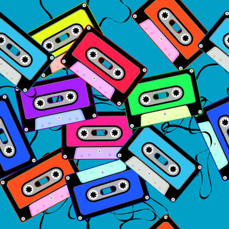 Seamless pattern with cassettes on blue backgroundの写真素材