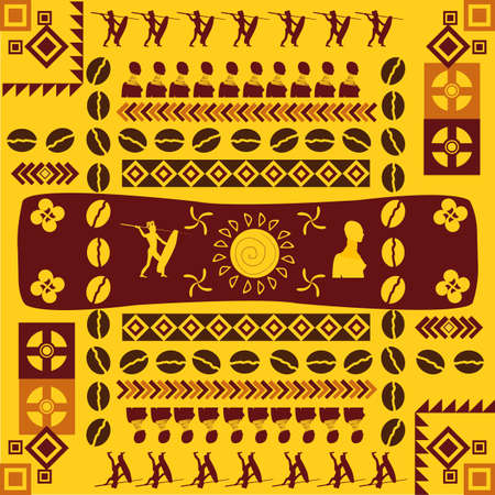 African traditional design pattern with geometric shapes and silhouettesの写真素材