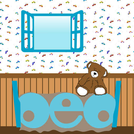 Room with teddy and bed, illustrationの写真素材