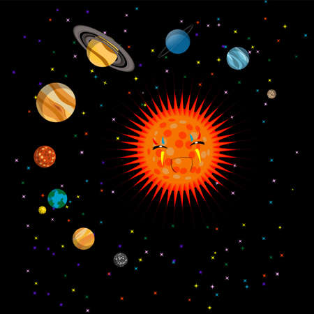 Solar system cute illustration, on blackの写真素材