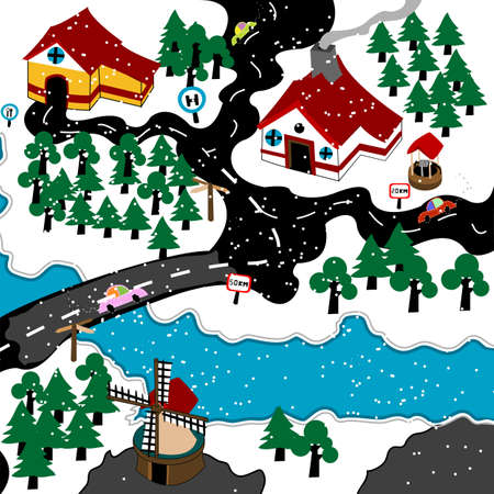 Cute village in the winter, illustrationの写真素材