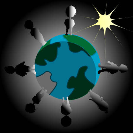 Earth blackout illustration with Sun and peopleの写真素材